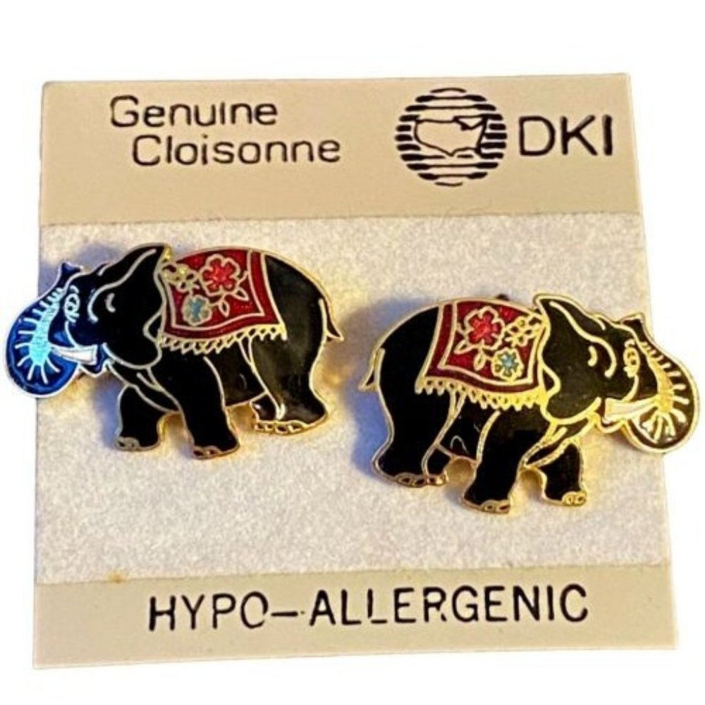 Cloisonne Elephant Earrings in Black, Red, and Gold-tone | Hypo-allergenic | NEW
